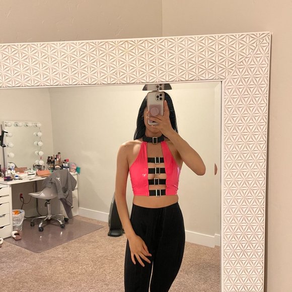Pink PU Leather Halter Rave Top - Picture 2 of 5